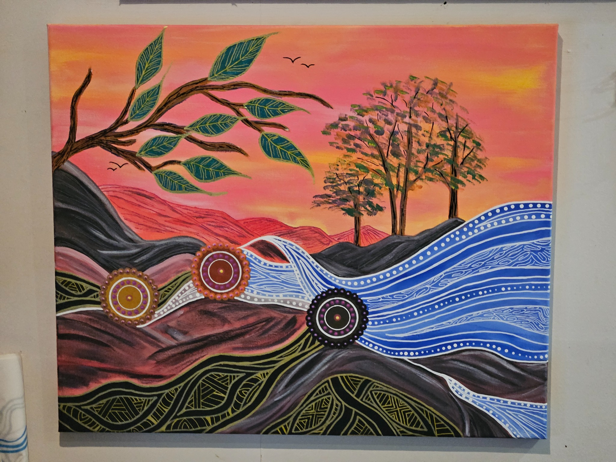 Original Dreaming Spirit artwork showing Country, waterways, trees and gathering circles